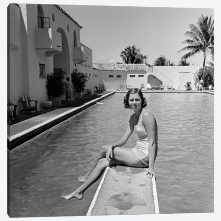 1930s Woman On Pool Diving Board Palm Tree Canvas Print #VTG139} by Vintage Images Canvas Artwork