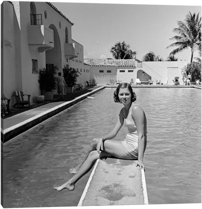 1930s Woman On Pool Diving Board Palm Tree Canvas Art Print - Swimming Pool Art