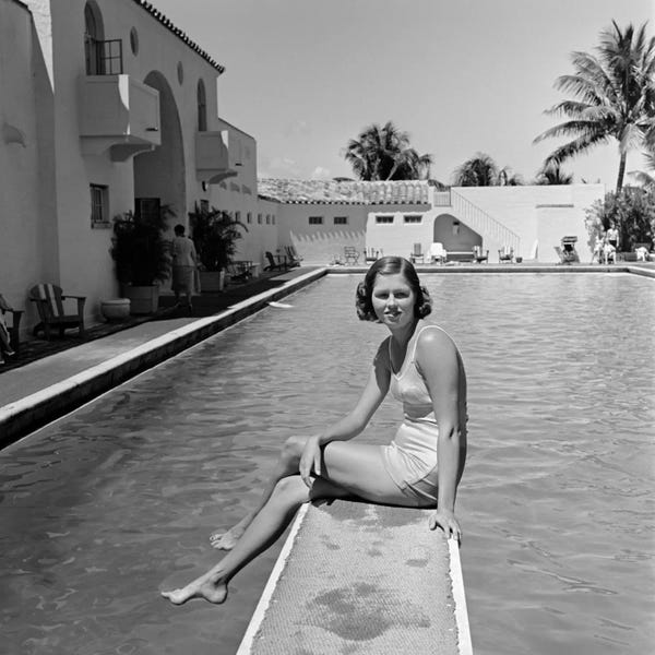Fashion Photography: 1930s Woman On Pool Diving Board Palm Tree by Vintage Images