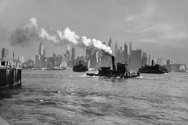 1930s-1933 Steam Engine Tug Boat And Staten Island Ferry Boats On Hudson River Against Manhattan Skyline New York City USA