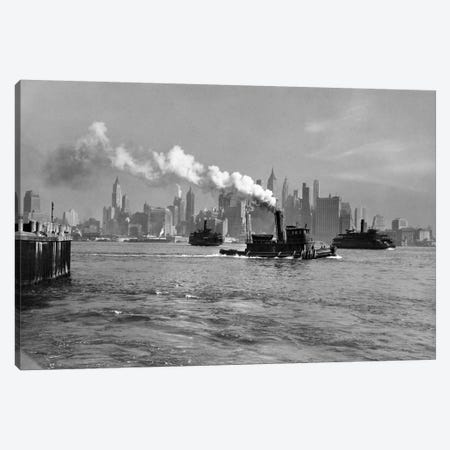 1930s-1933 Steam Engine Tug Boat And Staten Island Ferry Boats On Hudson River Against Manhattan Skyline New York City USA Canvas Print #VTG142} by Vintage Images Canvas Art Print