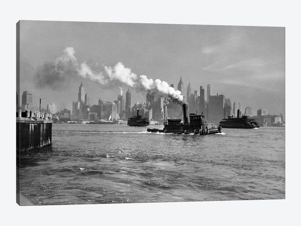 1930s-1933 Steam Engine Tug Boat And Staten Island Ferry Boats On Hudson River Against Manhattan Skyline New York City USA by Vintage Images 1-piece Canvas Art Print