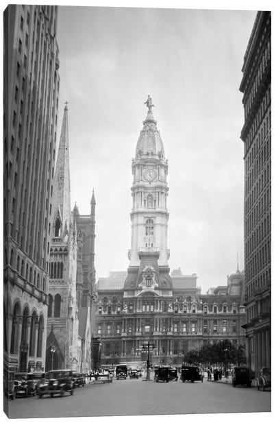 1930s-1936 View Down North Broad Street To The Philadelphia City Hall Canvas Art Print - Building & Skyscraper Art