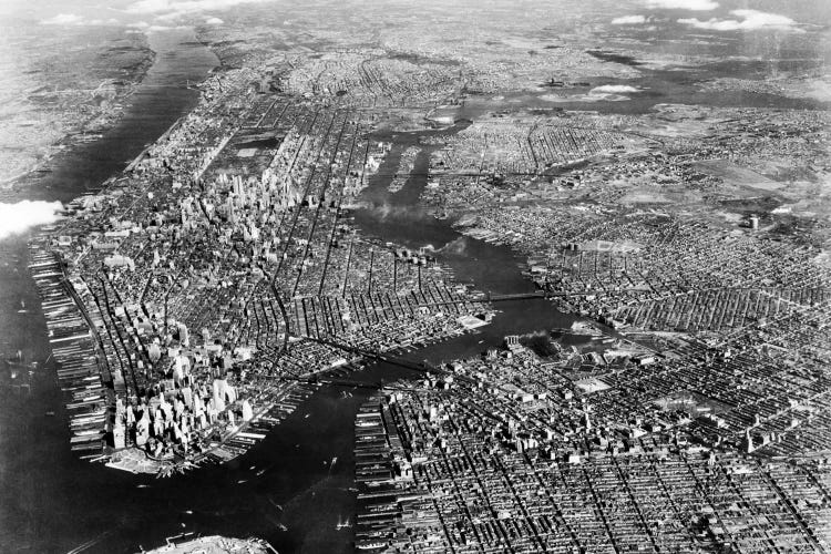 1930s-1940s Aerial View New York City Brooklyn Bronx Queens And Manhattan Island The Hudson And East Rivers