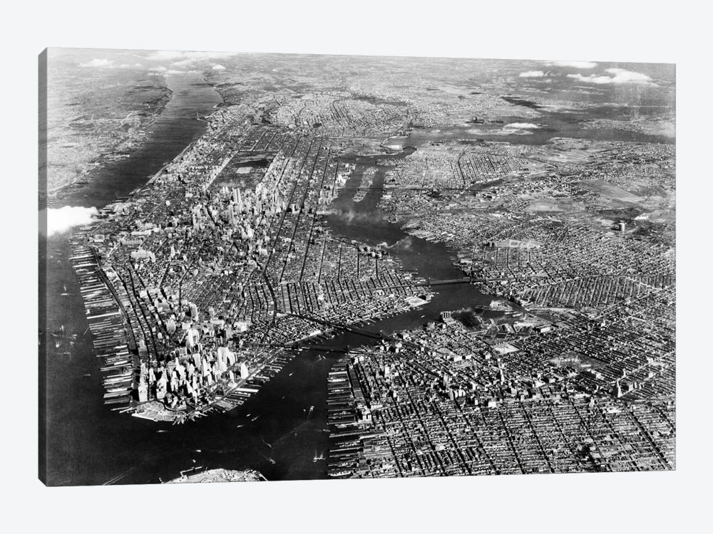 1930s-1940s Aerial View New York City Brooklyn Bronx Queens And Manhattan Island The Hudson And East Rivers by Vintage Images 1-piece Canvas Artwork