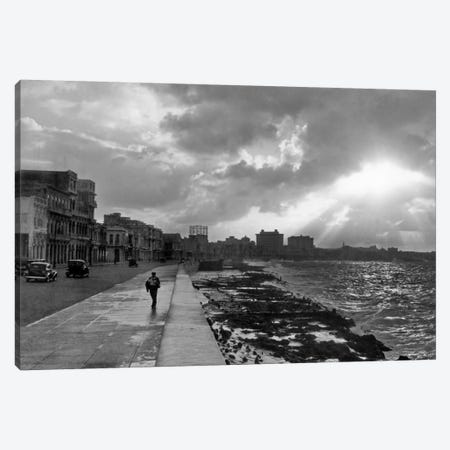 1930s-1940s Anonymous Silhouetted Man Walking Along Havana Sea Wall At Sunset Cuba Canvas Print #VTG146} by Vintage Images Canvas Artwork