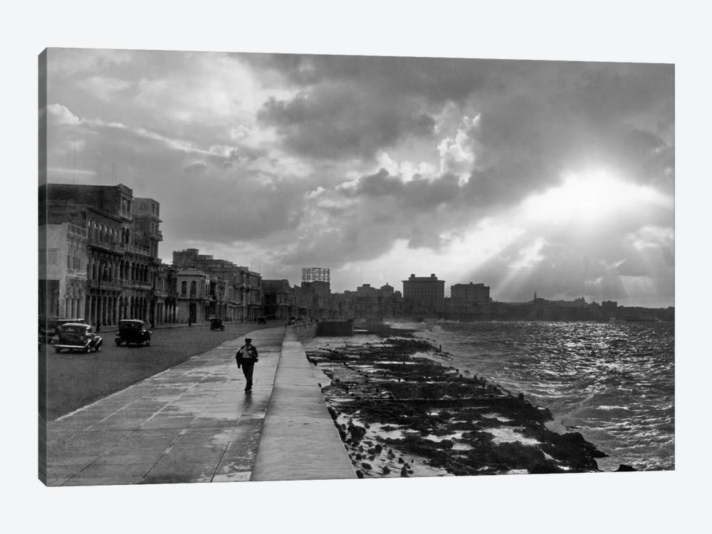 1930s-1940s Anonymous Silhouetted Man Walking Along Havana Sea Wall At Sunset Cuba by Vintage Images 1-piece Canvas Print