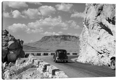 1930s-1940s Car Driving On Mountain Road In Yellowstone National Park Near Cody Wyoming USA Canvas Art Print - Wyoming Art