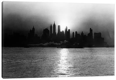 1930s-1940s Early Morning Misty Sunrise Silhouette Skyline New York City With Tug Boat And Barge In Hudson River Canvas Art Print - Vintage Images