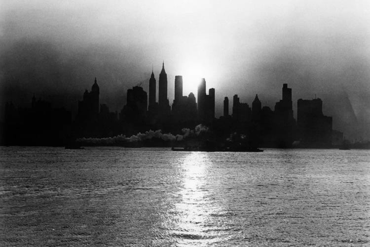 1930s-1940s Early Morning Misty Sunrise Silhouette Skyline New York City With Tug Boat And Barge In Hudson River