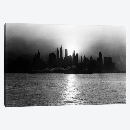 1930s-1940s Early Morning Misty Sunrise Silhouette Skyline New York City With Tug Boat And Barge In Hudson River Canvas Print #VTG149} by Vintage Images Canvas Print