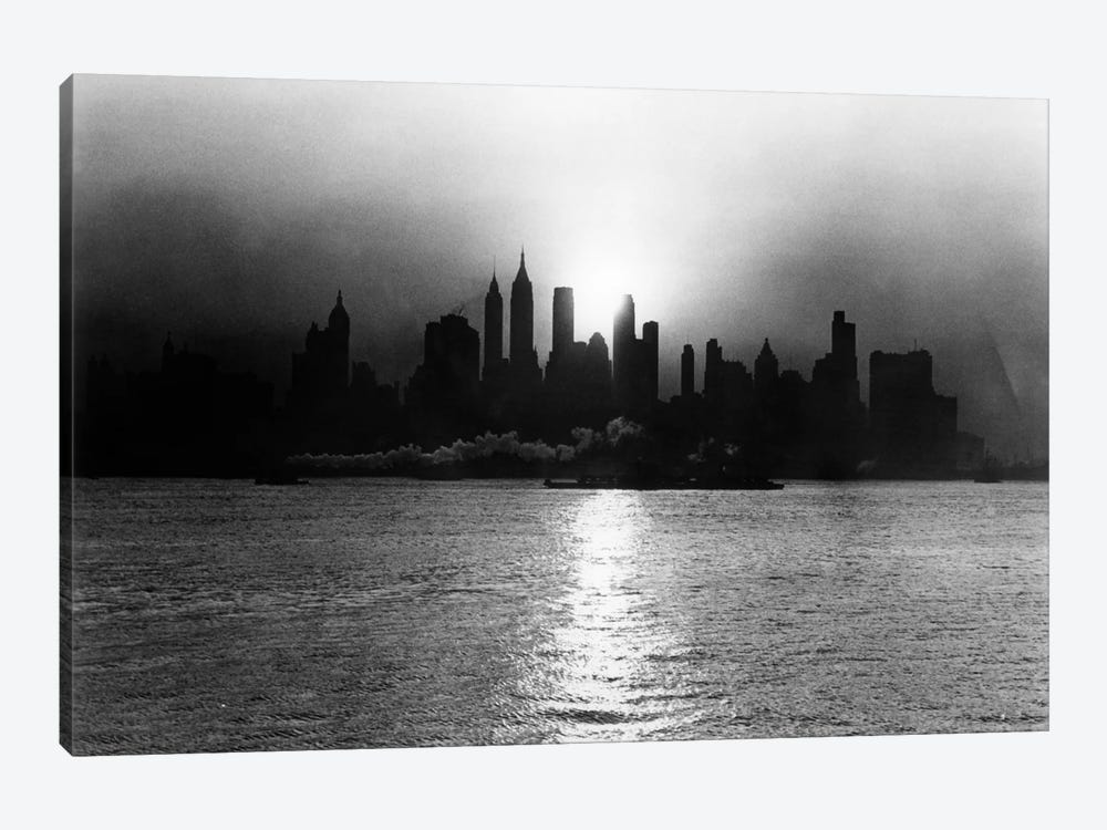 1930s-1940s Early Morning Misty Sunrise Silhouette Skyline New York City With Tug Boat And Barge In Hudson River by Vintage Images 1-piece Canvas Art