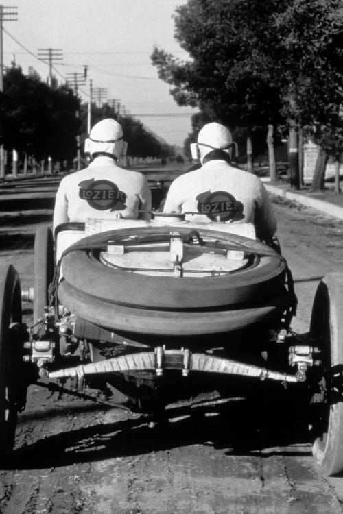 1900s-1910s Rear View Of Two Men Sitting In Antique Lozier Racing Road Rally Car