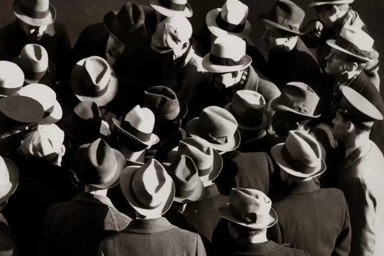 1930s-1940s Elevated View Of Group Crowd Of Men All Wearing Hats