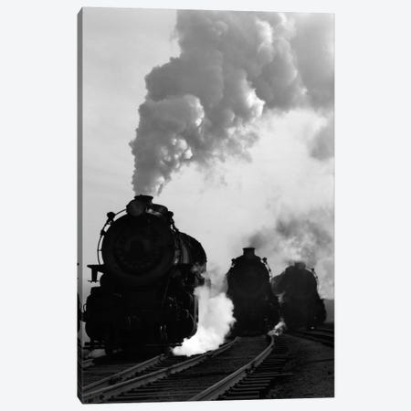 1930s-1940s Head-On View Of Three Steam Engines Silhouetted Against Billowing Smoke And Steam Outdoor Canvas Print #VTG153} by Vintage Images Canvas Artwork
