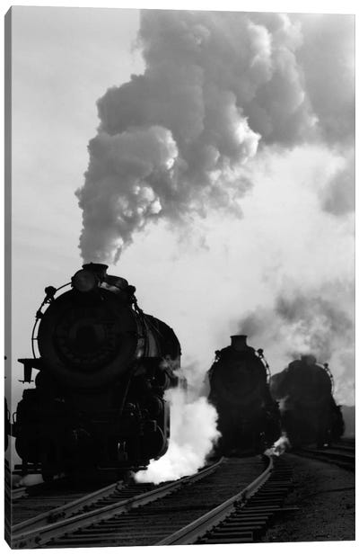 1930s-1940s Head-On View Of Three Steam Engines Silhouetted Against Billowing Smoke And Steam Outdoor Canvas Art Print - Train Art
