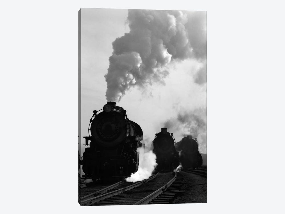 1930s-1940s Head-On View Of Three Steam Engines Silhouetted Against Billowing Smoke And Steam Outdoor by Vintage Images 1-piece Canvas Print