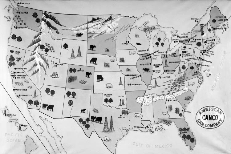 1930s-1940s Map Of United States Showing Agricultural And Industrial Resources by Vintage Images wall art