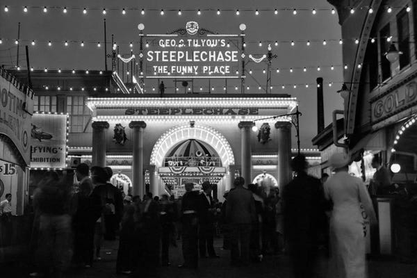 Brooklyn: 1930s-1940s Night Lights Amusement Park Brooklyn NY Entrance Steeplechase Park Funny Place Coney Island New York USA by Vintage Images