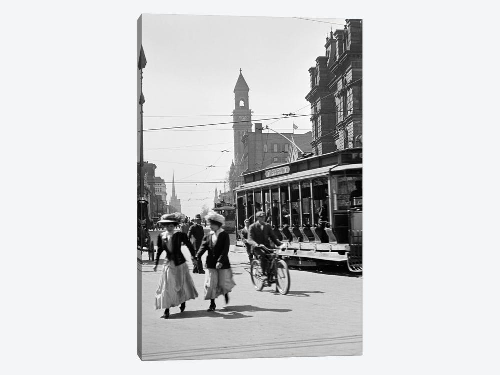 1900s-1910s-1912 Street Scene Pedestrians & Streetcar Detroit Michigan USA by Vintage Images 1-piece Canvas Wall Art