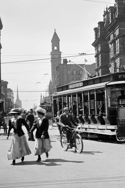 Michigan: 1900s-1910s-1912 Street Scene Pedestrians & Streetcar Detroit Michigan USA by Vintage Images