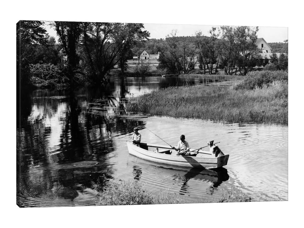 1930s-1940s Pair of Boys in Rowboat with Collie Fishing in Farm Area ( transportation > by Water > Boats > rowboats art) - 24x32x.25