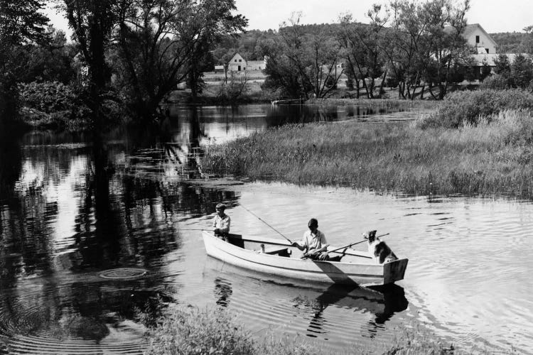 1930s-1940s Pair Of Boys In Rowboat With Collie Fishing In Farm Area