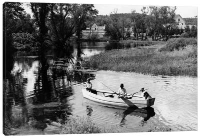 1930s-1940s Pair Of Boys In Rowboat With Collie Fishing In Farm Area Canvas Art Print - Rowboat Art
