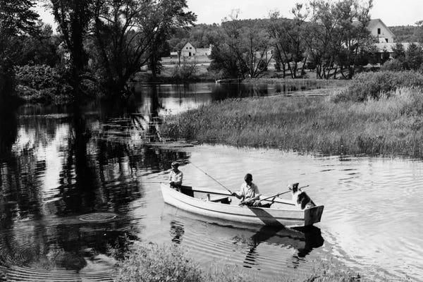 Rowboats: 1930s-1940s Pair Of Boys In Rowboat With Collie Fishing In Farm Area by Vintage Images
