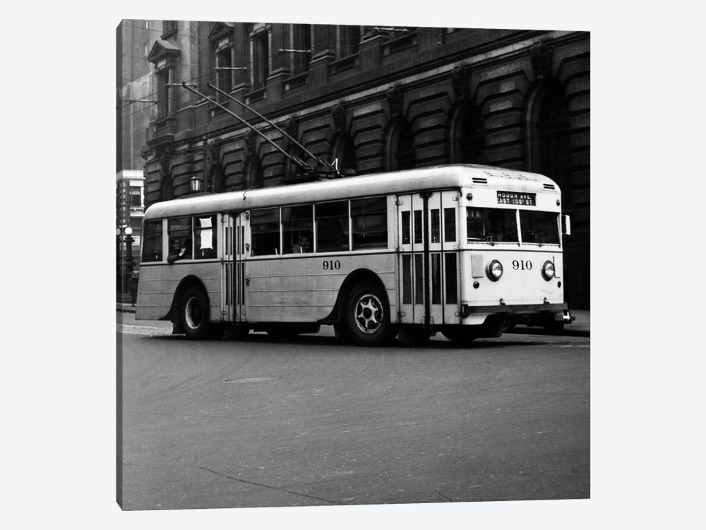 1930s-1940s Public Transportation Trackless Trolley Electric Bus About To Round Street Corner Cleveland Ohio USA by Vintage Images 1-piece Canvas Artwork