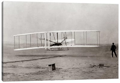 1903 Wright Brothers' Plane Taking Off At Kitty Hawk North Carolina USA Canvas Art Print - Vintage Images