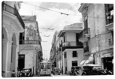 1930s-1940s Street Scene Cars Trolley Havana Cuba Canvas Art Print - Caribbean Art