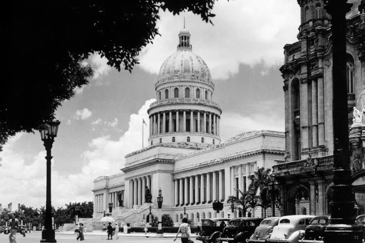 1930s-1940s The Capital Building Street Scene With Pedestrians Trees Lamps Motorcars & Sculptures Havana Cuba