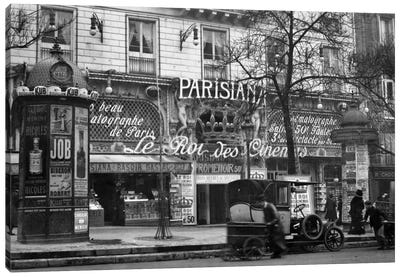 1910 Street Scene Showing A Kiosk And The Front Of The King Of Cinemas Theater Paris France Canvas Art Print - Vintage Images