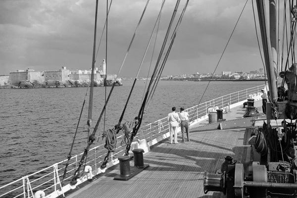 1930s-1940s Two Men On Deck Of Steamer Ship Coming Into Havana Harbor Cuba