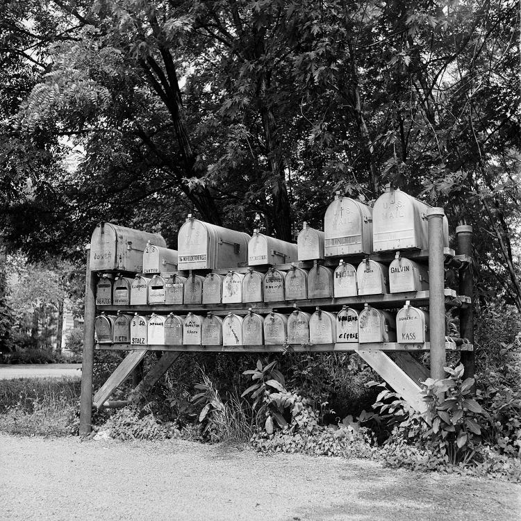 1930s-1940s-1950s Group Of 37 Rural Delivery Mailboxes At Side Of Country Road