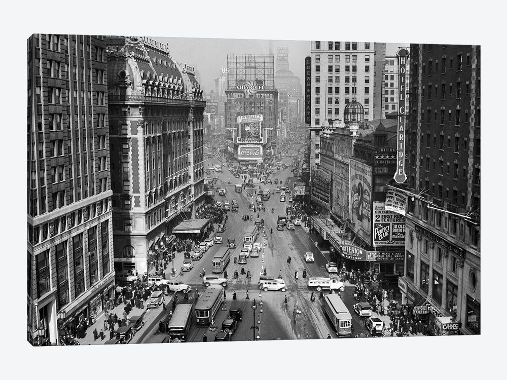 1935 Times Square Looking North From Times Tower Midtown Manhattan Pedestrians Traffic Cars Trolleys Buildings Marquees by Vintage Images 1-piece Canvas Art