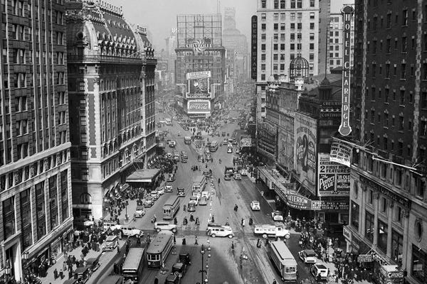 Manhattan: 1935 Times Square Looking North From Times Tower Midtown Manhattan Pedestrians Traffic Cars Trolleys Buildings Marquees by Vintage Images