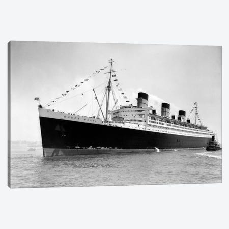 1936 Maiden Voyage Of Queen Mary Dwarfing Small Tugboat Moving Alongside It Canvas Print #VTG191} by Vintage Images Canvas Wall Art