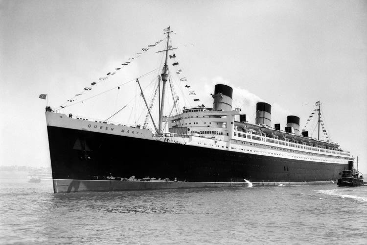 1936 Maiden Voyage Of Queen Mary Dwarfing Small Tugboat Moving Alongside It