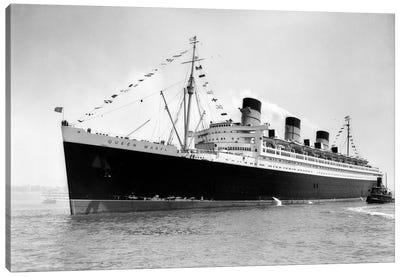 1936 Maiden Voyage Of Queen Mary Dwarfing Small Tugboat Moving Alongside It Canvas Art Print - Cruise Ships