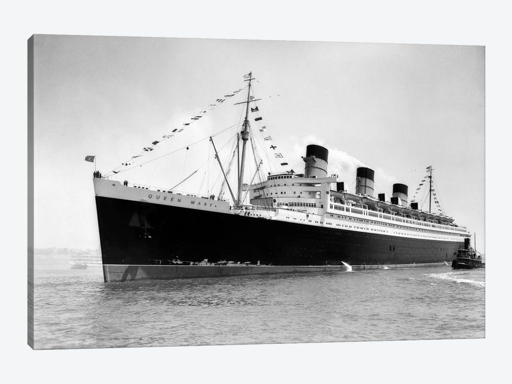 1936 Maiden Voyage Of Queen Mary Dwarfing Small Tugboat Moving Alongside It by Vintage Images 1-piece Canvas Print
