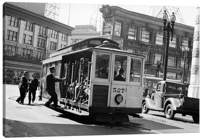 1937 Anonymous Silhouetted Cable Car Gripman Turning Car Around At Market Street San Francisco California USA Canvas Art Print - Trains