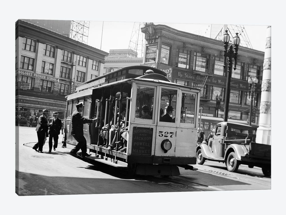 1937 Anonymous Silhouetted Cable Car Gripman Turning Car Around At Market Street San Francisco California USA by Vintage Images 1-piece Canvas Wall Art