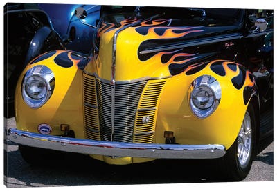 1939-1940 Ford Flame Job Painted Hot Rod Automobile Hood Headlights Grill Front Bumper Canvas Art Print - Vintage Images