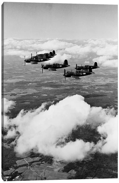 1940s 6 Navy Corsairs Above The Clouds Flying In Formation World War II Canvas Art Print - Veterans Day
