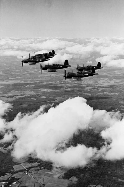 By Air: 1940s 6 Navy Corsairs Above The Clouds Flying In Formation World War II by Vintage Images
