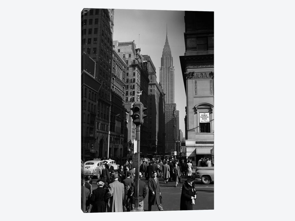 1940s Anonymous Pedestrian Crowd Taxis Crossing Intersection 42nd Street & 5th Avenue Stop Lights Chrysler Building NYC USA by Vintage Images 1-piece Canvas Art Print