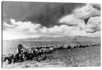 1870s-1880s Montage Of Covered Wagons Crossing The American Plains Canvas Art Print - Carriage & Wagon Art