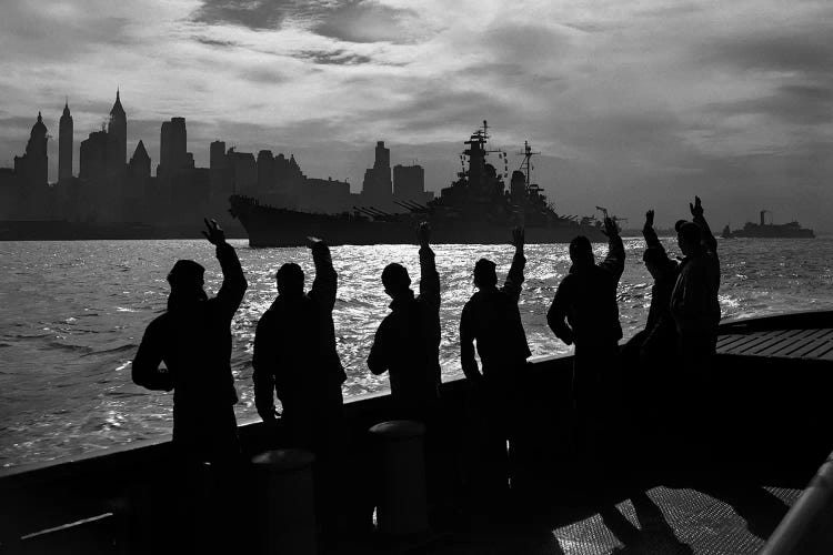 1940s Anonymous Silhouetted Sailors Waving Salute To Passing USN Battleship At Night New York City Skyline